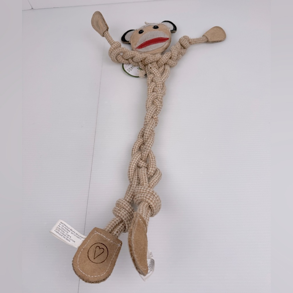 HuggleHounds Durable Dig Toy 20” Natural Cotton Rope & Leather Monkey New